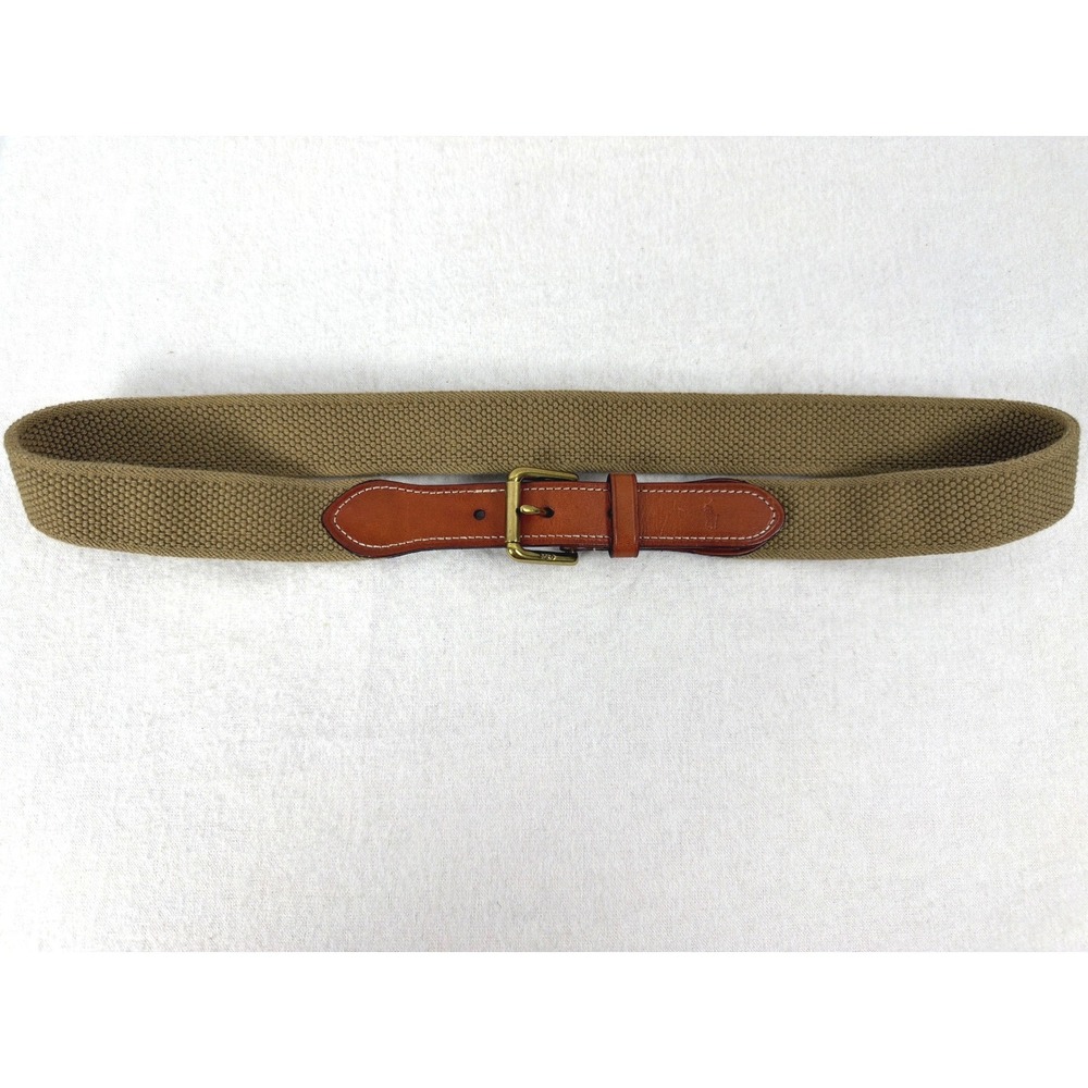 Polo Ralph Lauren Mens Khaki Tan Woven Braided Leather Belt XL Brass Buckle